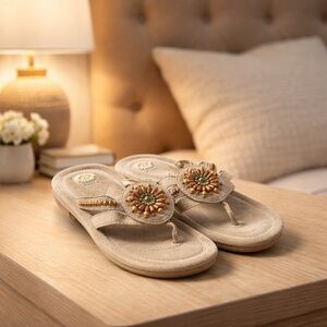 Earth Spirit Beige Sandals with Bead Accents